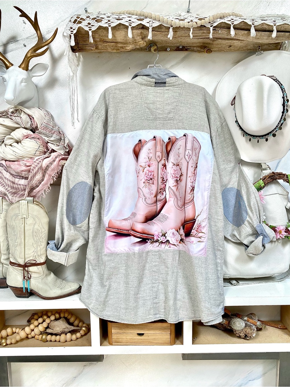 Upcycled Western boots floral back accent on boyfriend shirt farmhouse vibe